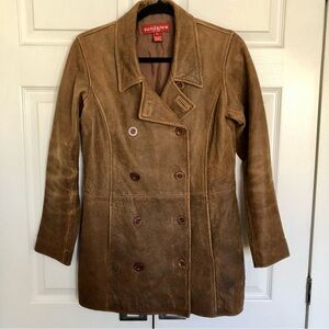 Vintage Style Brown 100% Leather Sundance Distressed Pea Coat Size PS